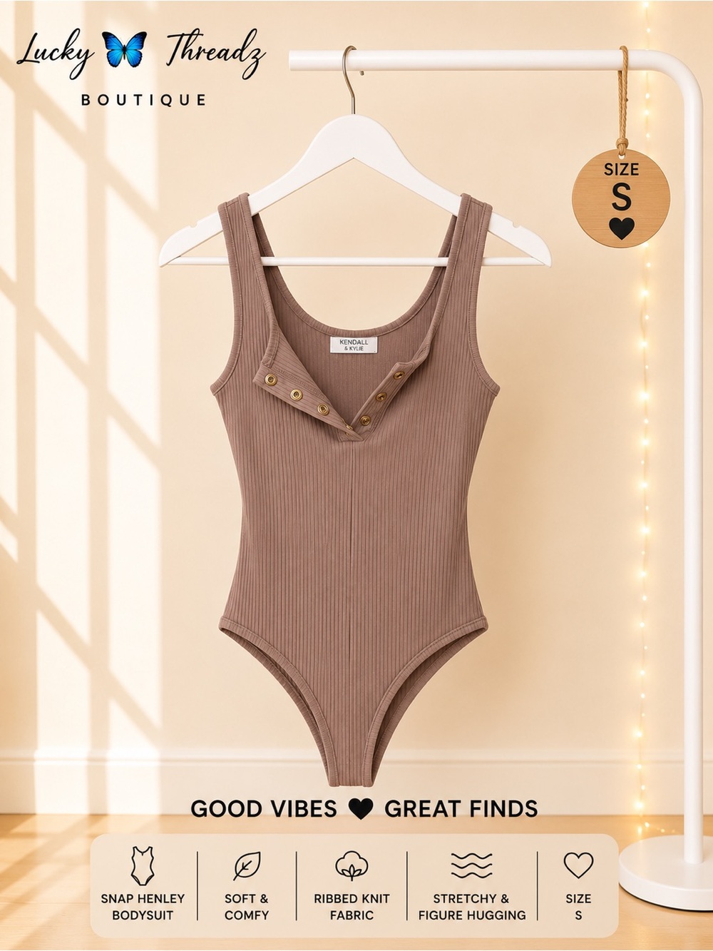 Active USA Ribbed Snap Henley Bodysuit - Brown